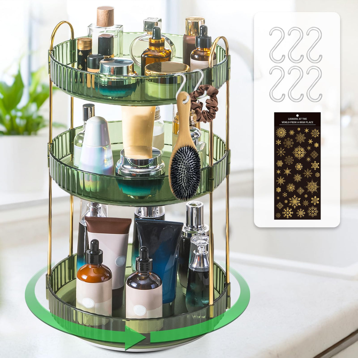 Megapuxin 360° Rotating Makeup Organizer - Green 3 Tier Skincare & Cosmetic Storage With Hooks