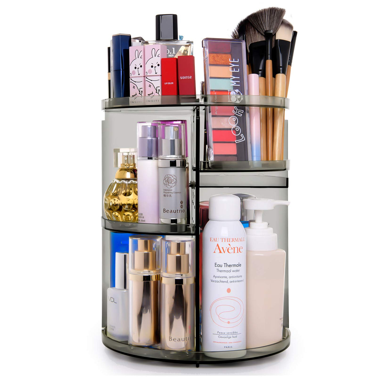 sanipoe 360 Rotating Makeup Organizer - Grey Cosmetic Display Case with Brush Holder & Perfume Tray