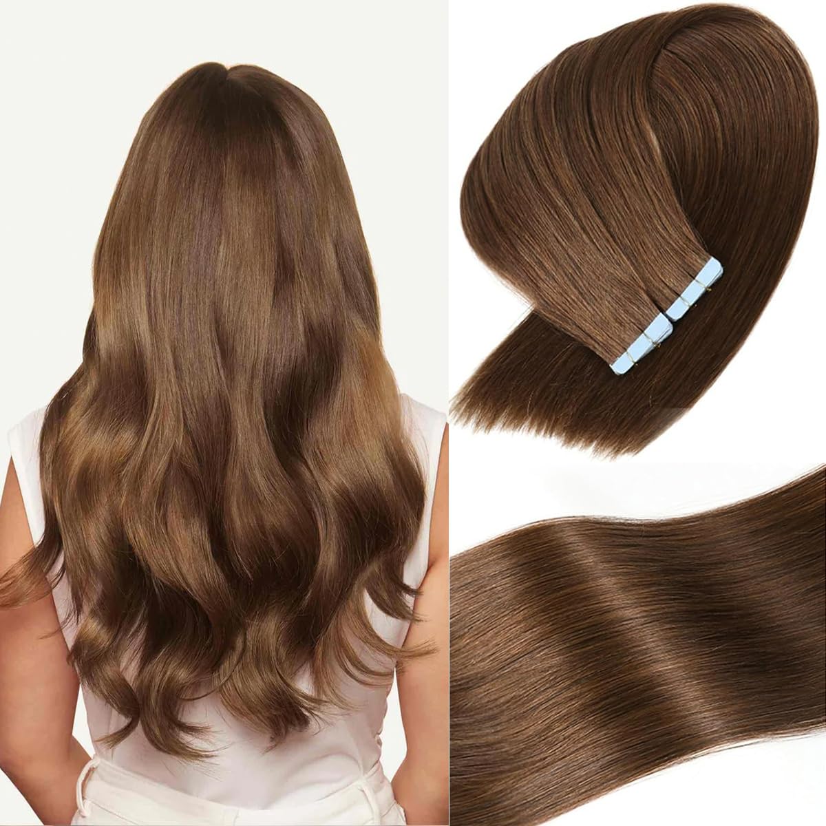 Loumte 18&quot; Tape In Hair Extensions - 100% Remy Human Hair, Seamless, #4 Medium Brown, 