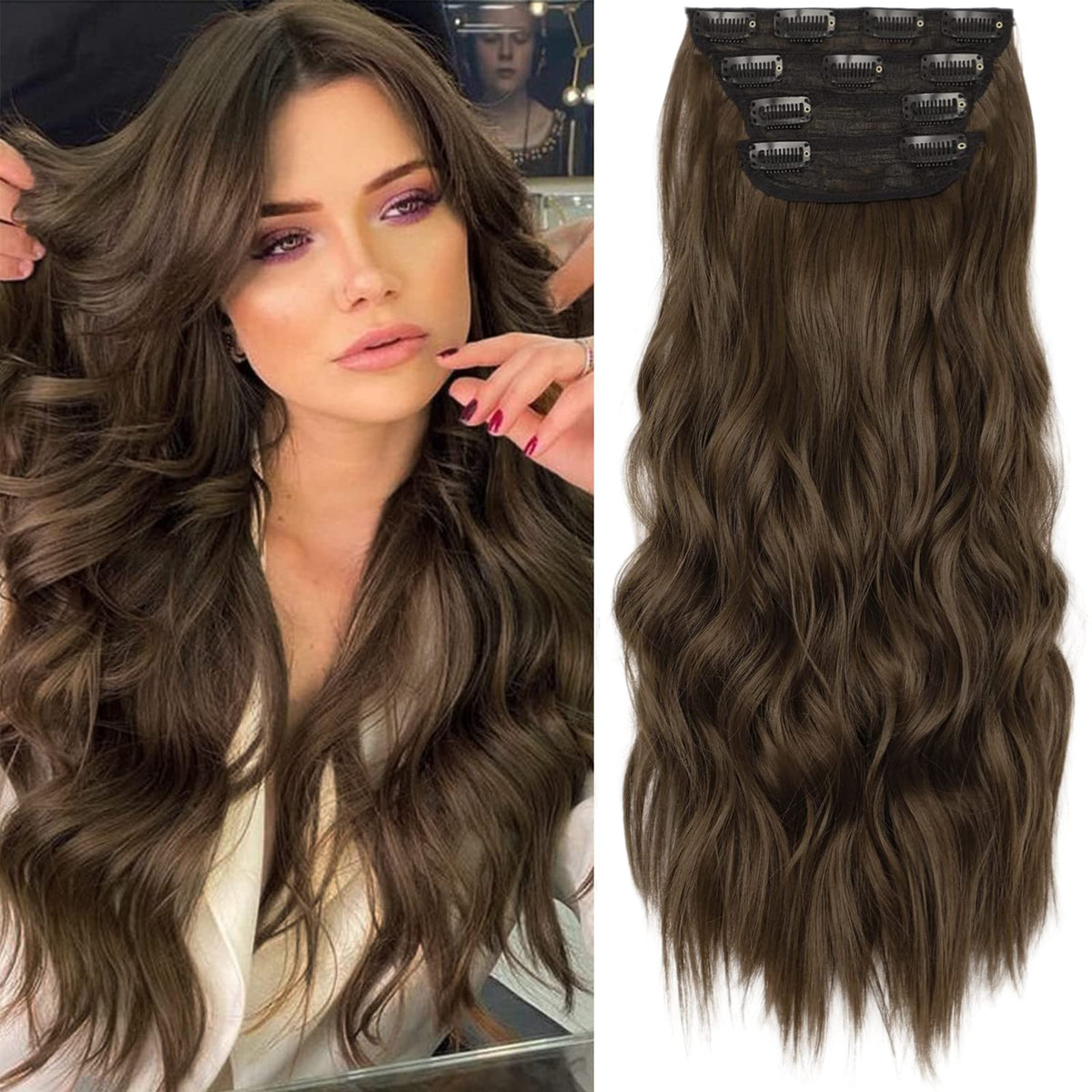 Kookastyle 20&quot; Chestnut Brown Clip-In Synthetic Hair Extensions - Wavy, Thick 4Pcs