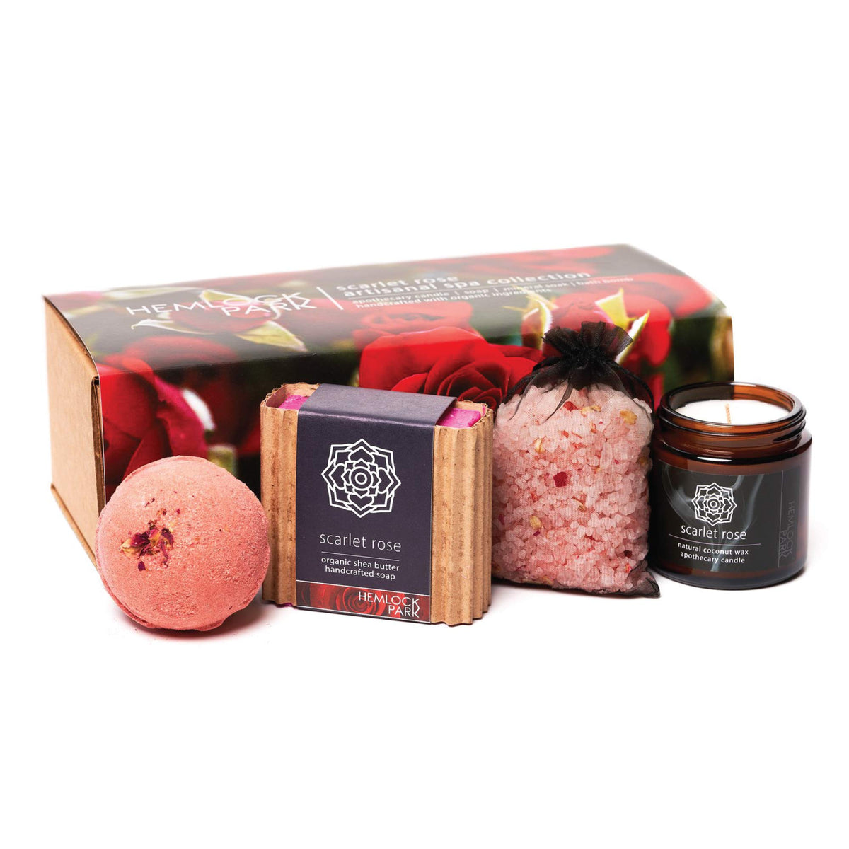 Hemlock Park Scarlet Rose Spa Gift Box | Candle, Soap, Bath Bomb & Mineral Salt Soak