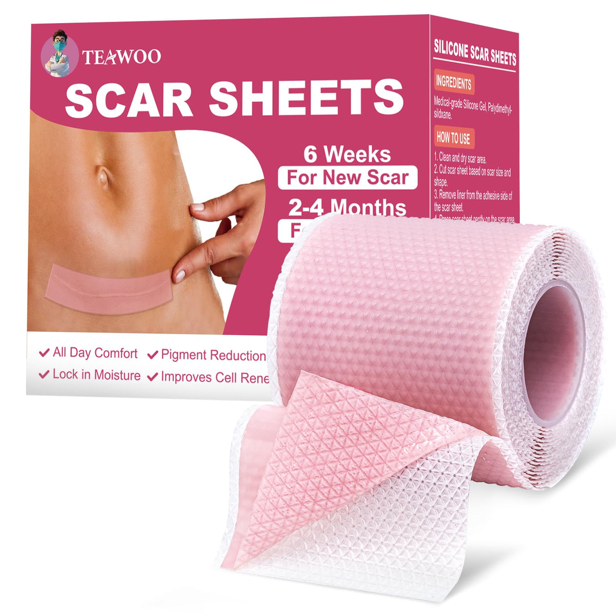 Teawoo Silicone Scar Sheets - Pink Tape For Surgical Scars, Keloid Removal, Wrinkle Treatment 1.6&quot;X59