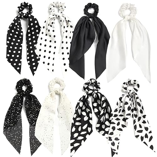 SUSULU Satin Hair Scarf Scrunchies for Women - Black & White Solid Color Hair Ties (Pack of 8)