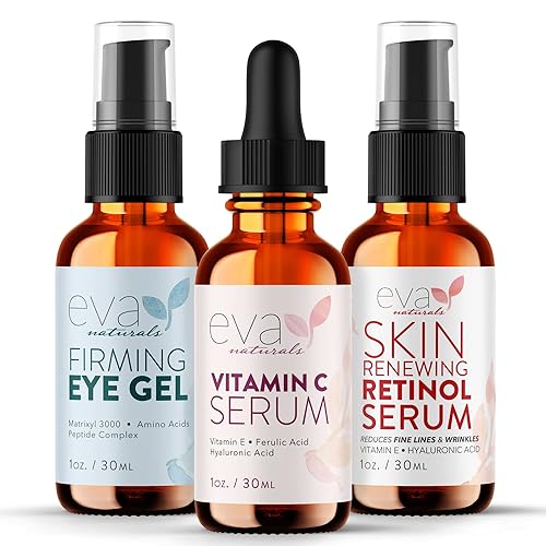 Eva Naturals Anti-Aging Set - Retinol Serum, Vitamin C Serum & Eye Gel - Reduces Wrinkles, Dark Spots