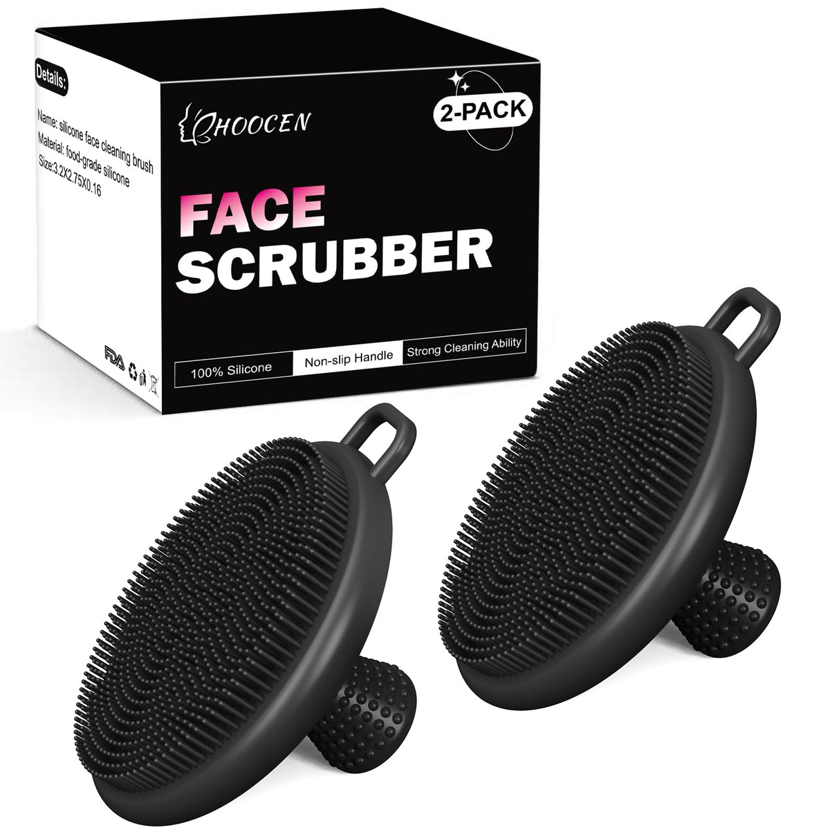 Hoocen Pack Of 2 Black Silicone Face Scrubbers For Exfoliating & Cleansing - Waterproof Brushes