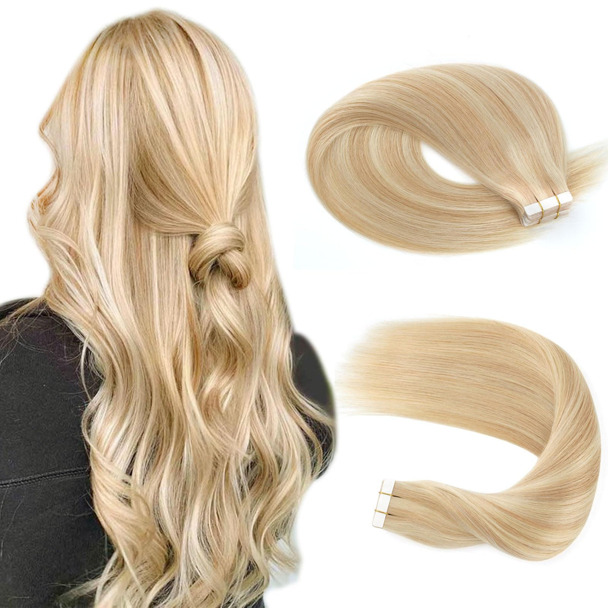 Sassina 18&quot; Tape In Hair Extensions, Dirty Blonde & Bleach Blonde, 20Pcs Human Hair Weft