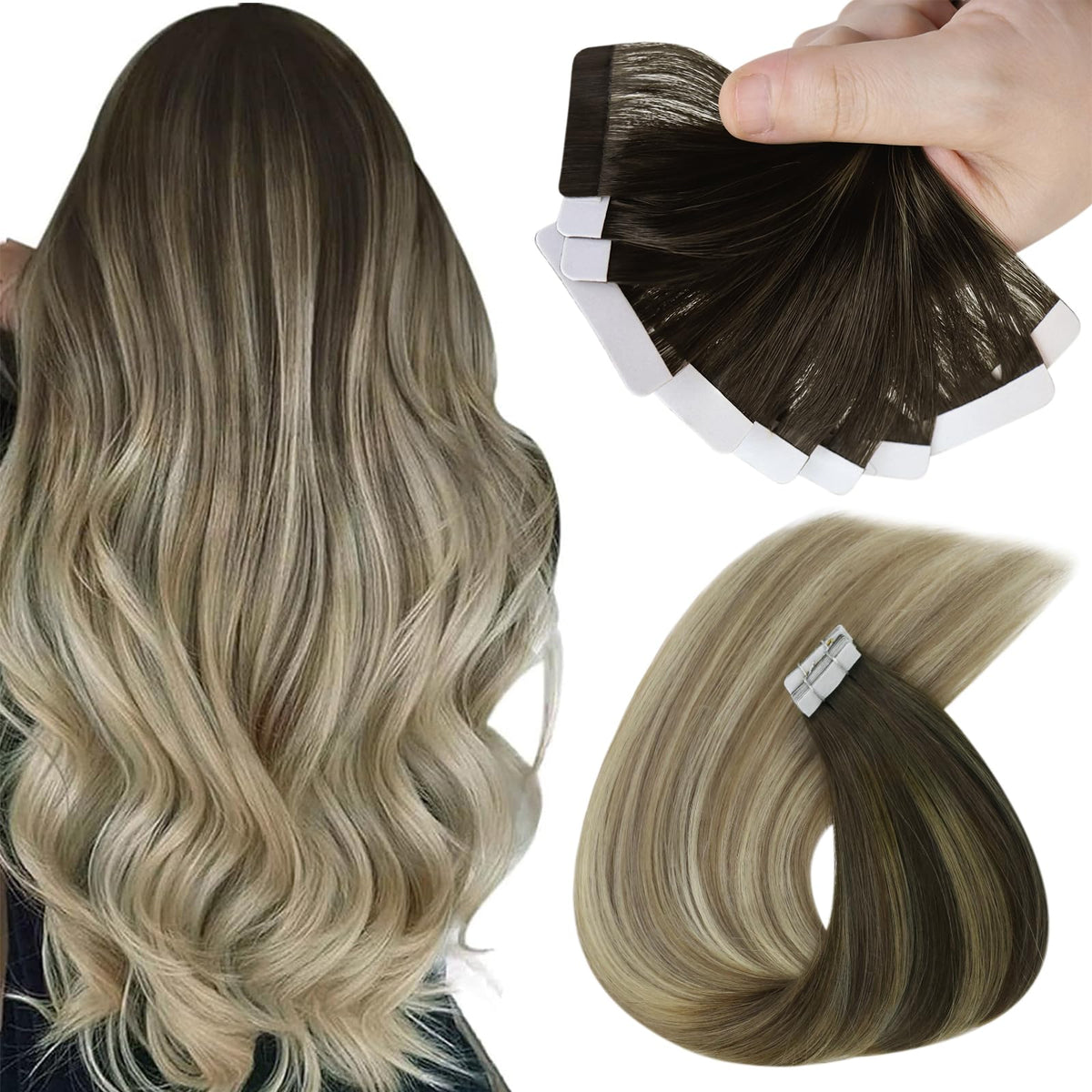 Sunny Hair Ombre Blonde Tape In Hair Extensions, 12In Human Hair, Dark Brown To Golden Blonde