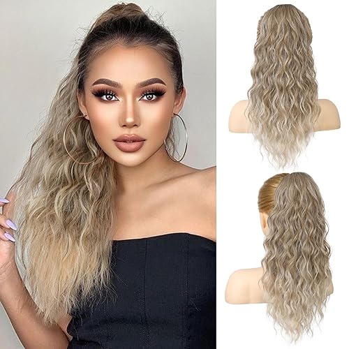 REECHO 18&quot; Claw Clip Ponytail Extension - Ash Brown with Blonde Ends, Curly Wavy Synthetic Hairpiece