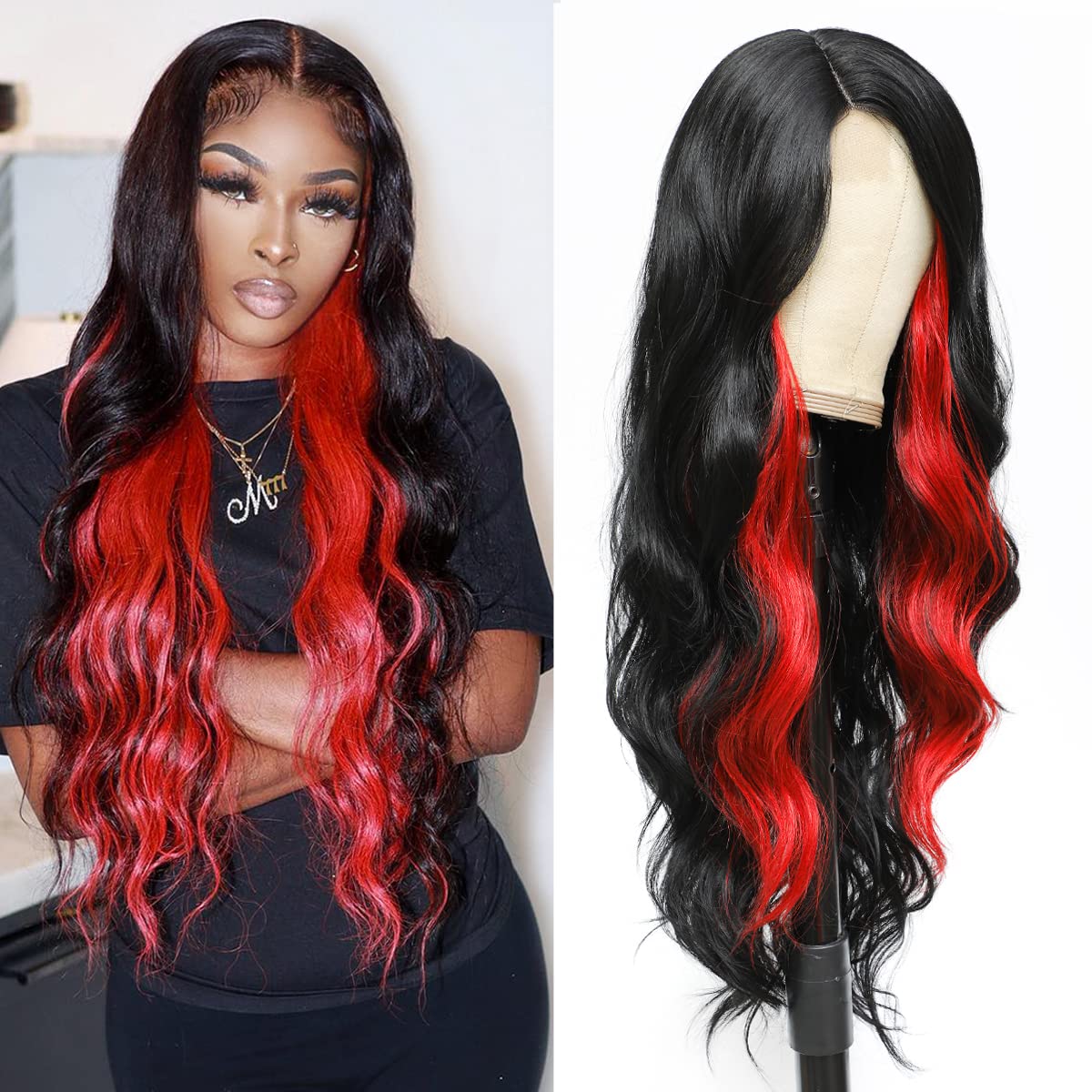 xccoco 28&quot; Long Wavy Synthetic Lace Wig - Black with Red Highlights, Body Wave Style