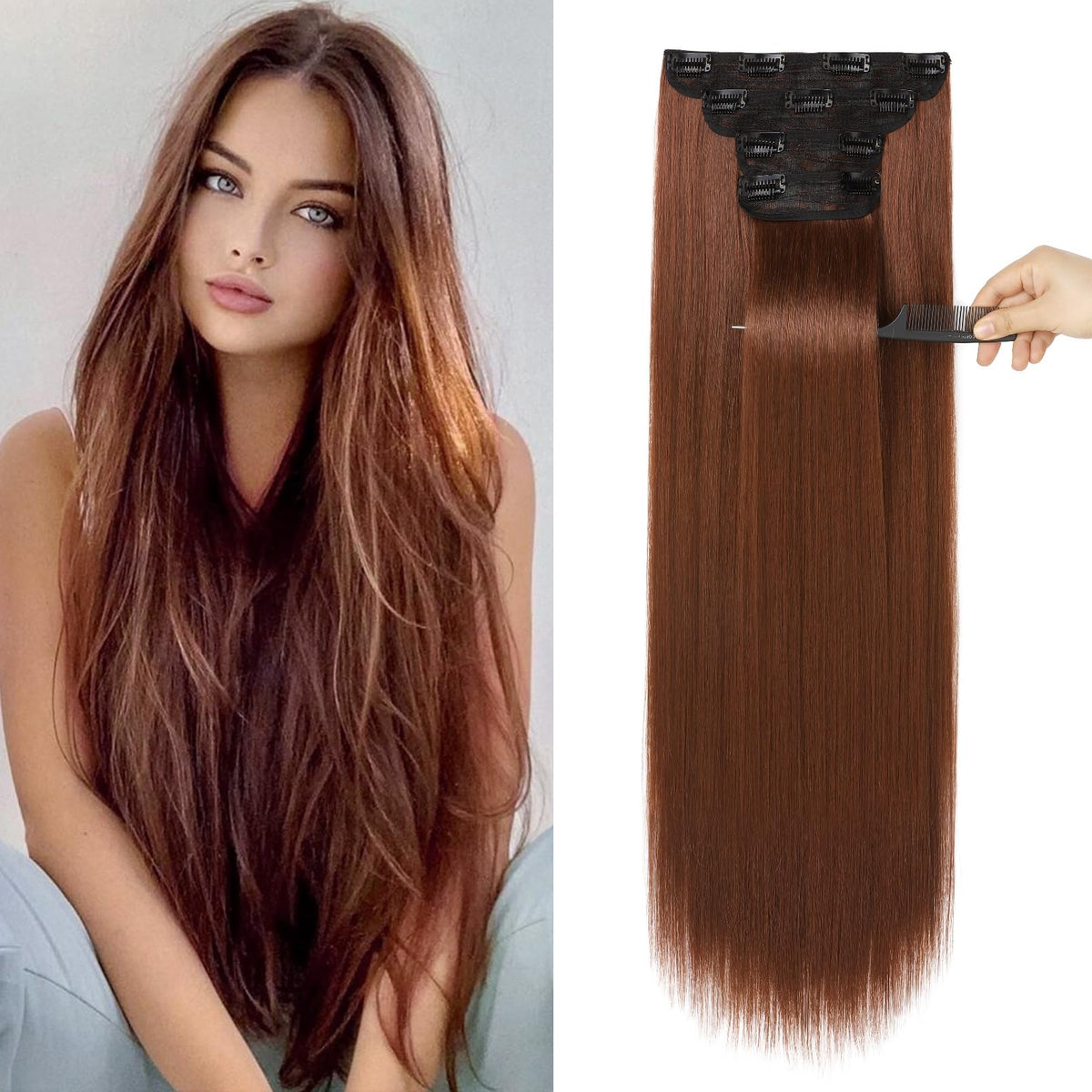 REECHO 28&quot; Dark Copper Clip-in Hair Extensions Set - 4 PCS, Thick & Stylish