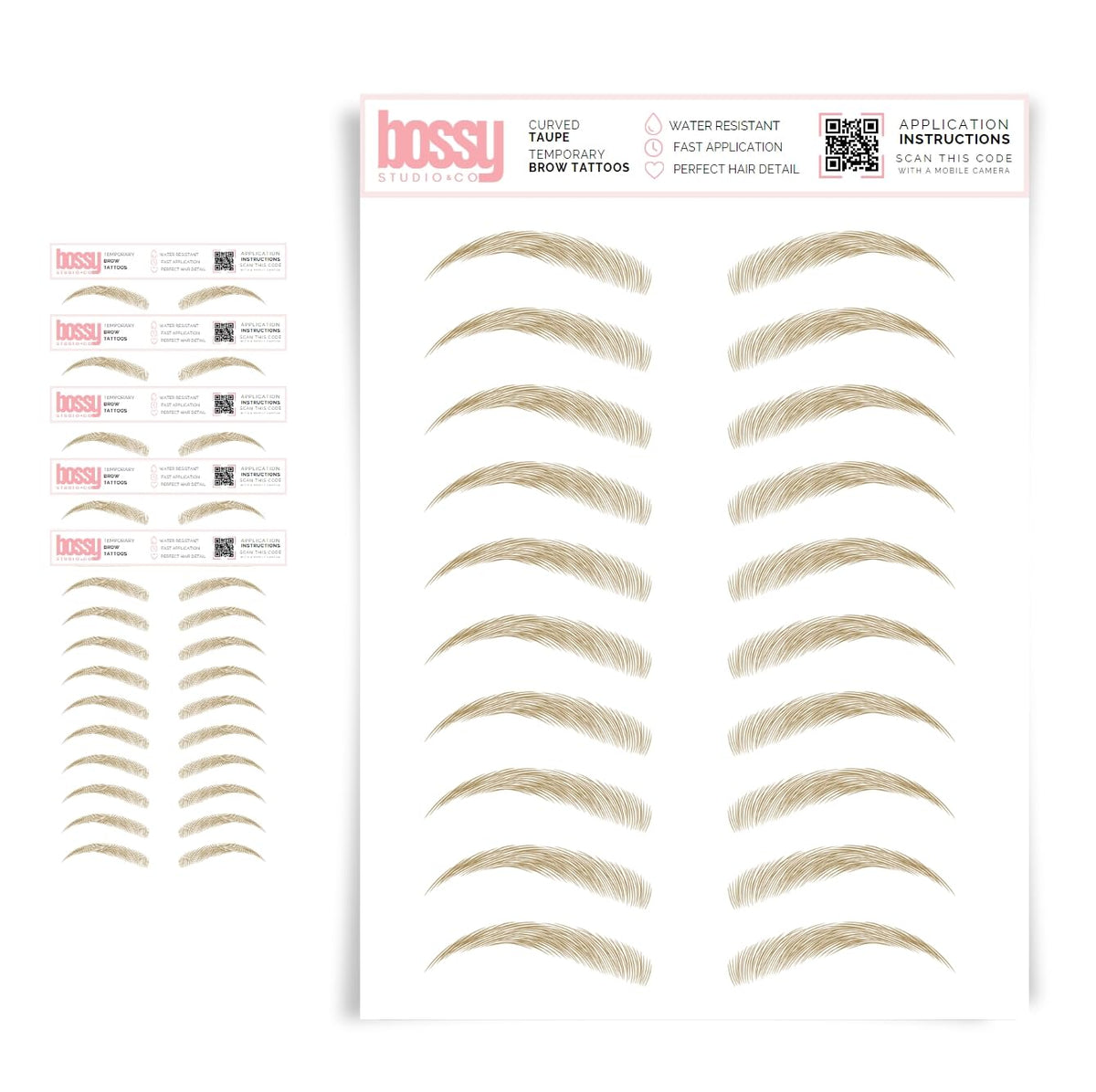 Brows By Bossy 5 Pack Waterproof Eyebrow Tattoos - Curved Taupe Instant Peel Off Stickers