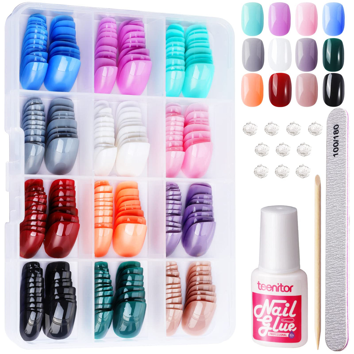 Teenitor Extra Short Glossy Press On Nails, 12 Pack Small Acrylic Fake Nails for Girls