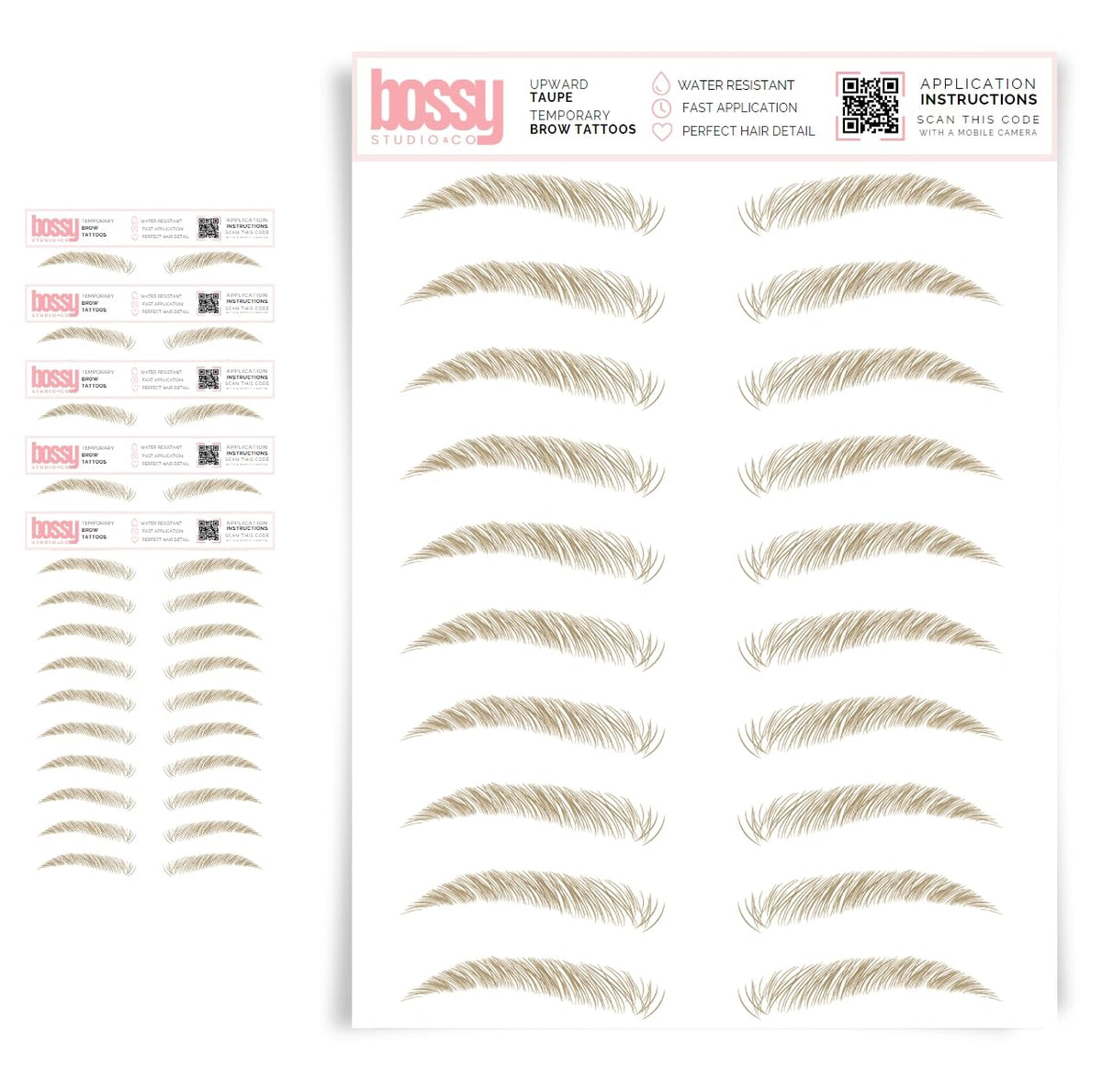 Brows By Bossy 5 Pack Waterproof Eyebrow Tattoos - Natural Strokes, Upward Taupe, Peel Off