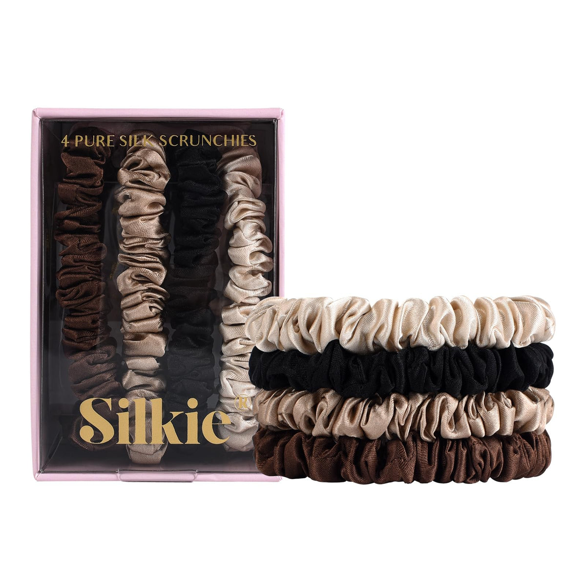 Silkie 100% Pure Mulberry Silk Scrunchies Set - Chocolate, 4 Pack Hair Ties, No Damage