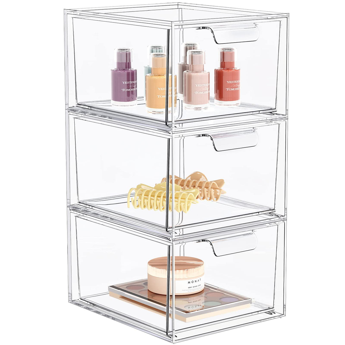 Spacehacks 3 Pack Clear Acrylic Makeup Organizer, Stackable Storage Drawers For Vanity & Kitchen