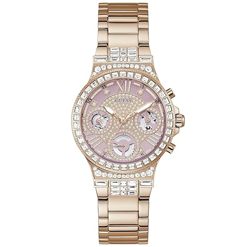 Guess Ladies Multifunction Glitz Watch With Crystals, 36Mm Pink Dial, Rose Gold-Tone