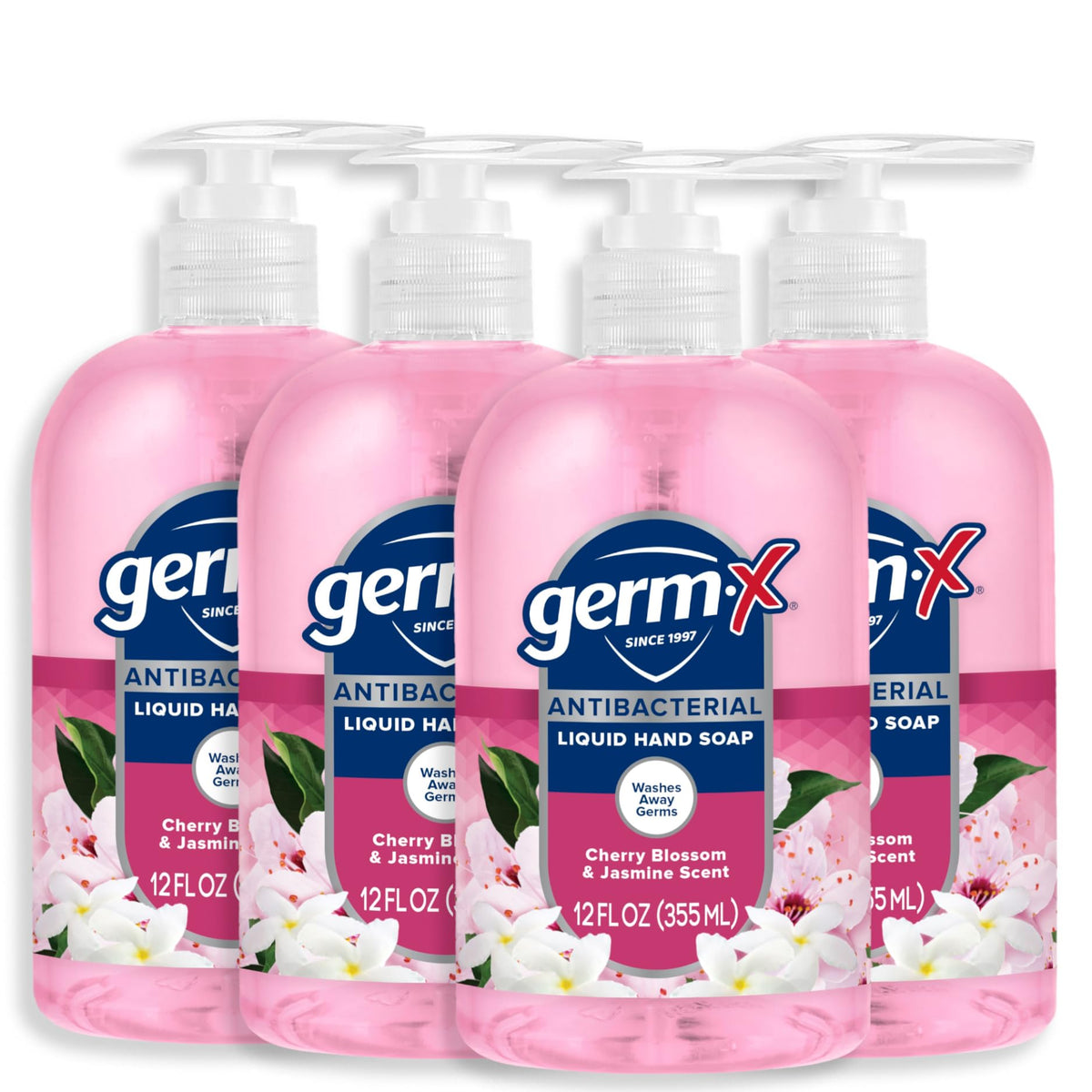 Germ-X Antibacterial Hand Soap, Moisturizing Liquid Wash, Jasmine & Cherry Blossom, 12 Oz (4-Pack)