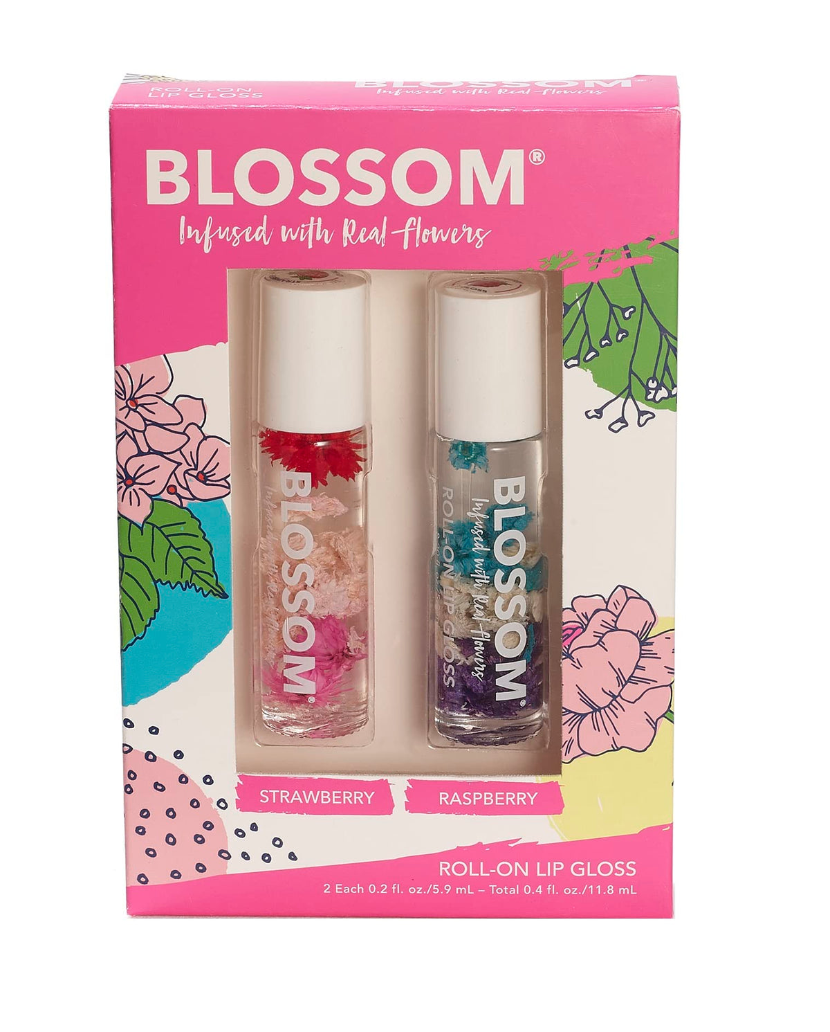 Blossom Scented Lip Gloss Roll-On Gift Set, Infused With Real Flowers, Strawberry/Raspberry, 2 Pack