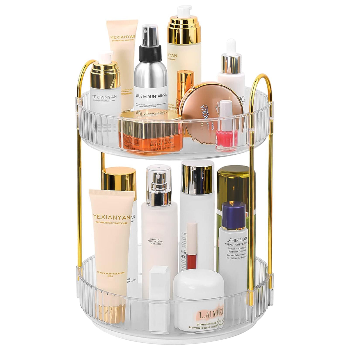 Lazybison 360 Spinning Makeup Organizer - 2-Tier Transparent Cosmetic Carousel For Vanity