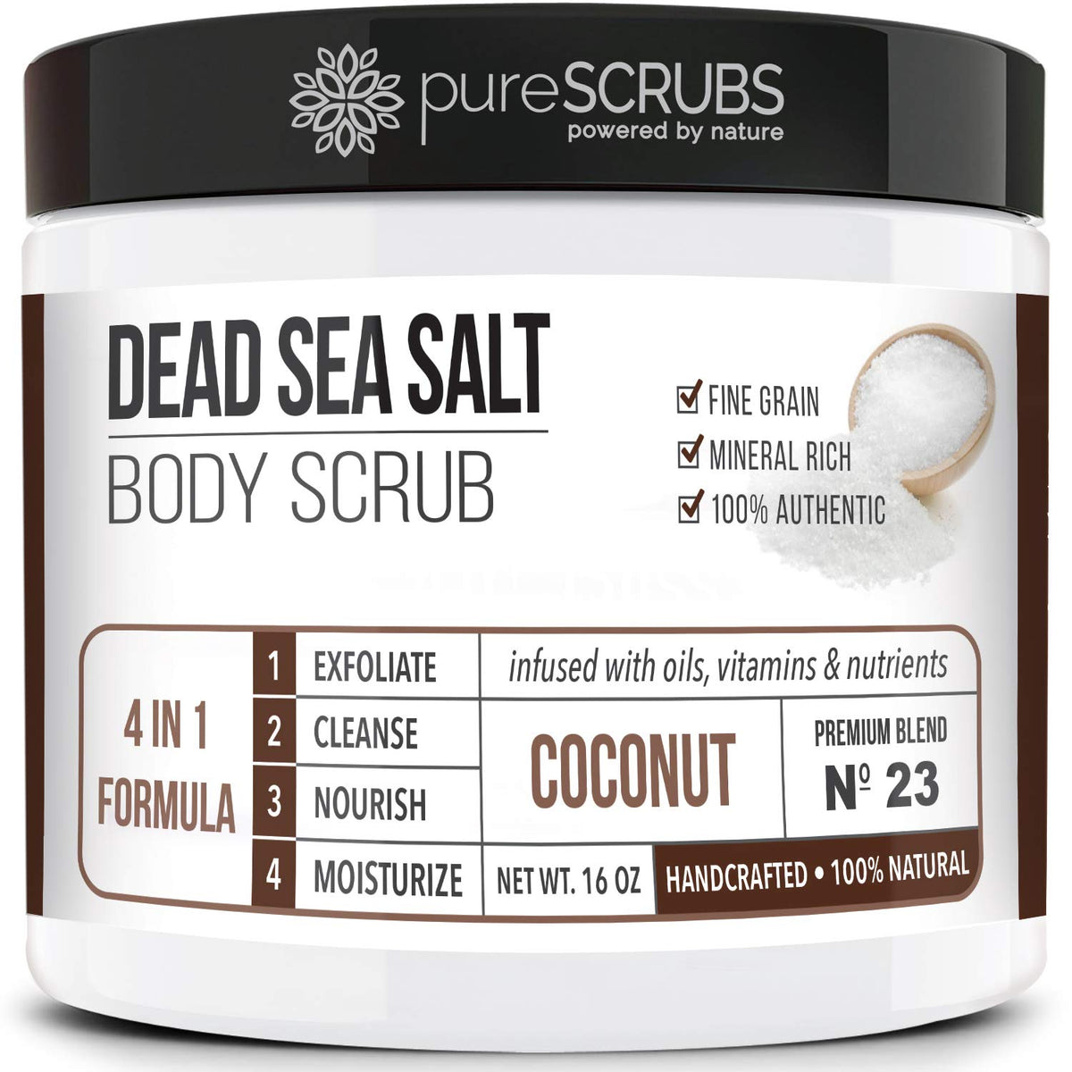 Purescrubs Coconut Body Scrub Set - 16Oz Dead Sea Salt, Essential Oils, Wooden Spoon & Loofah