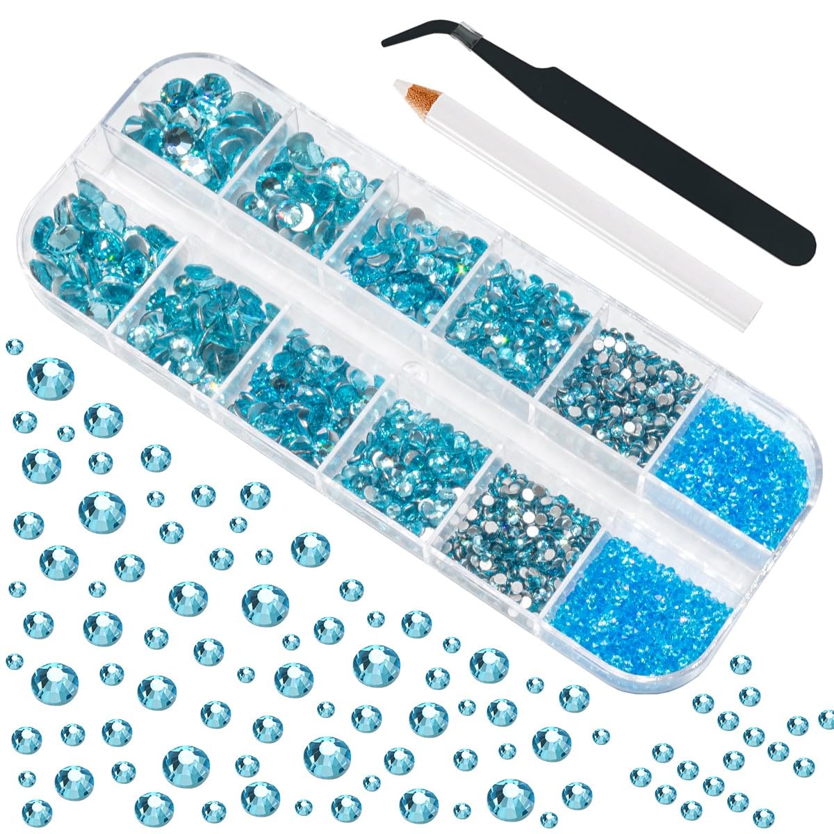 Qiipii 4010Pcs Aquamarine Rhinestones, Water Blue Nail Gems, K9 Glass, 6 Sizes, Flat