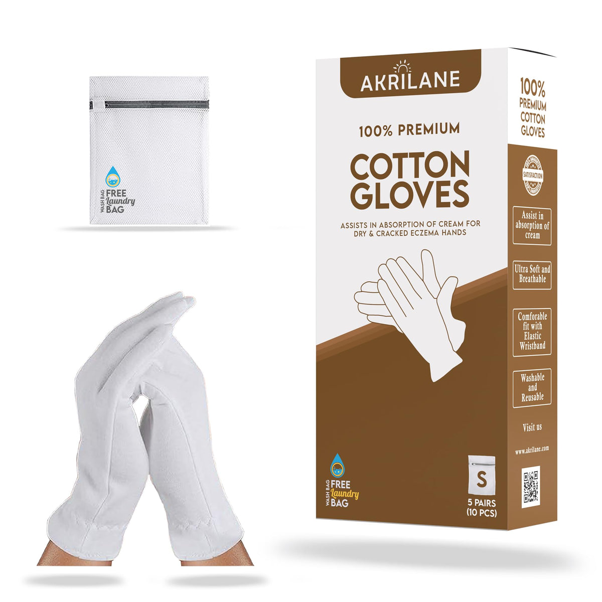 Akrilane Small 5 Pairs 100% Cotton Moisturizing Gloves For Eczema & Dry Hands - Washable