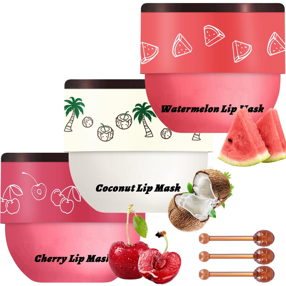 Gcliozhi 3 Pcs Bee Lip Balm & Mask Set - Watermelon, Cherry & Coconut, Moisturizing Exfoliator