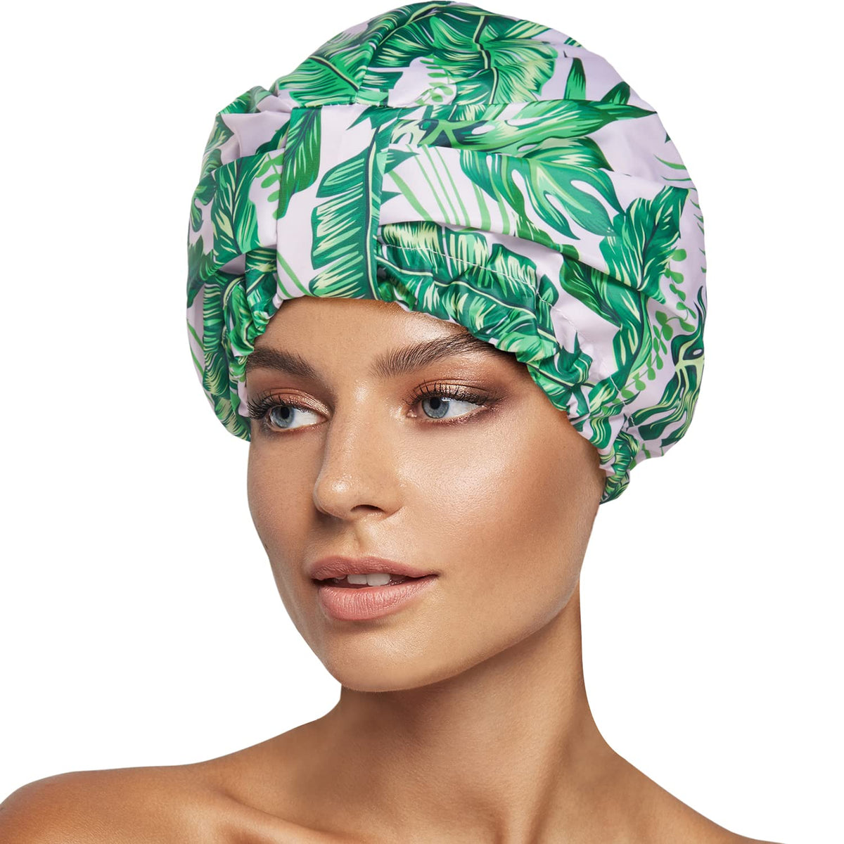 Innelo Luxury Waterproof Shower Cap For Women - Adjustable Satin Lined Hair Cap, Palm Leaves