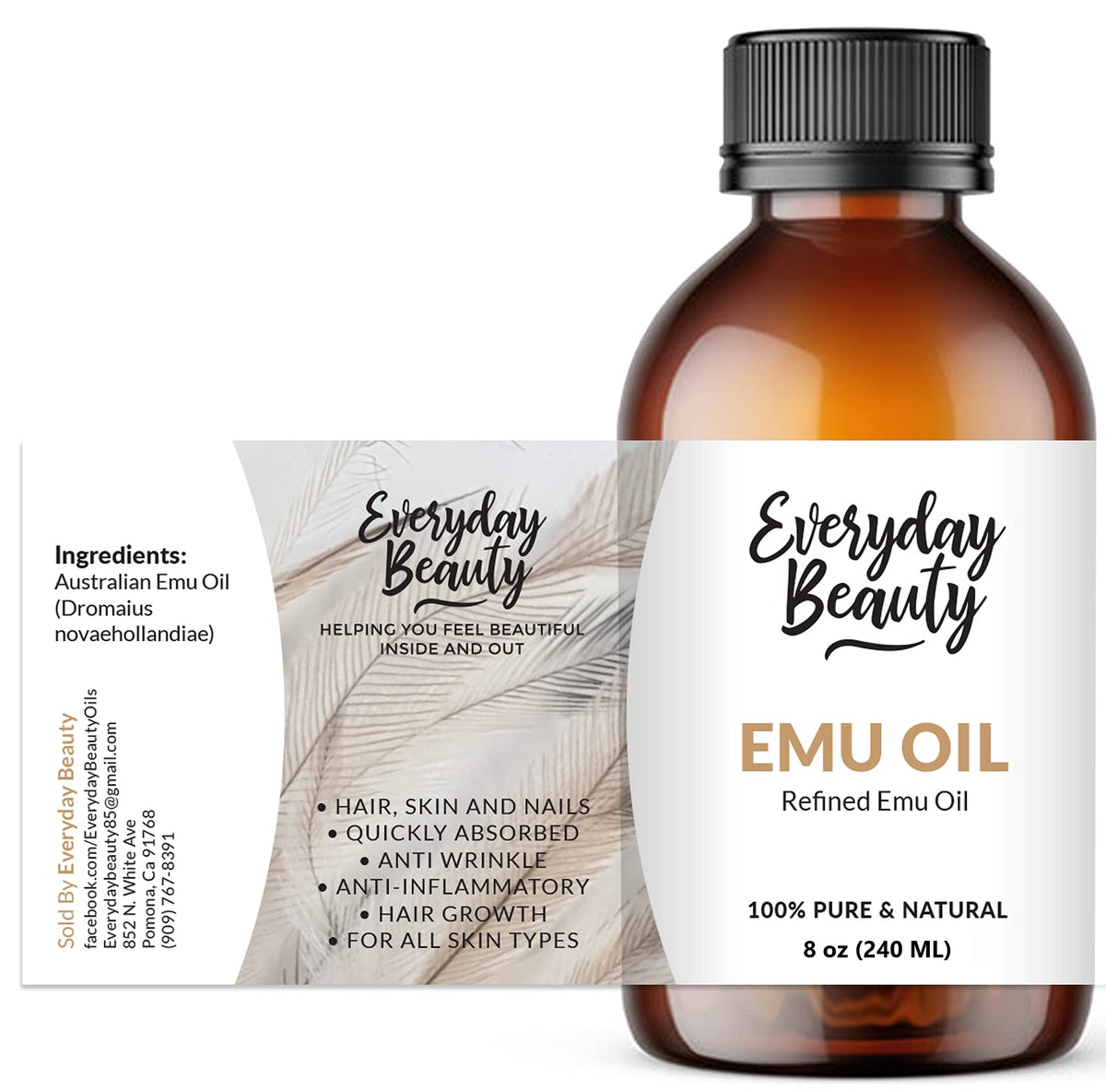 Everyday Beauty Emu Oil Bulk - 8 Oz Pure Refined Australian Oil For Skin, Hair & Scars