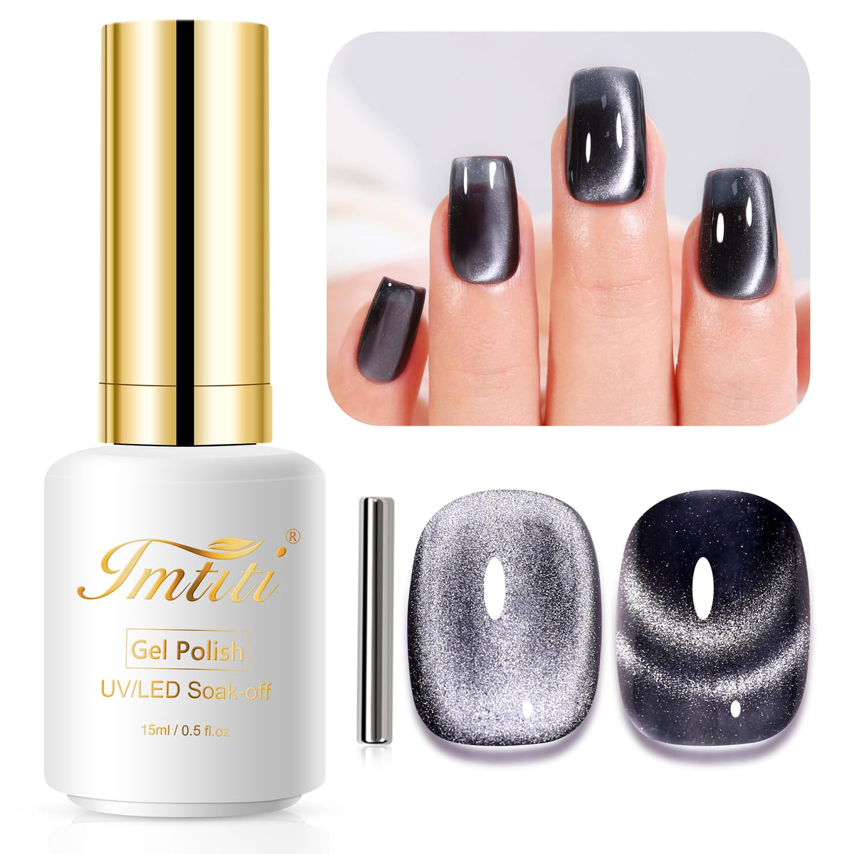 Imtiti Cat Eye Gel Nail Polish 15Ml - Black Crystal Glitter Magnetic Dark Gray Uv Gel