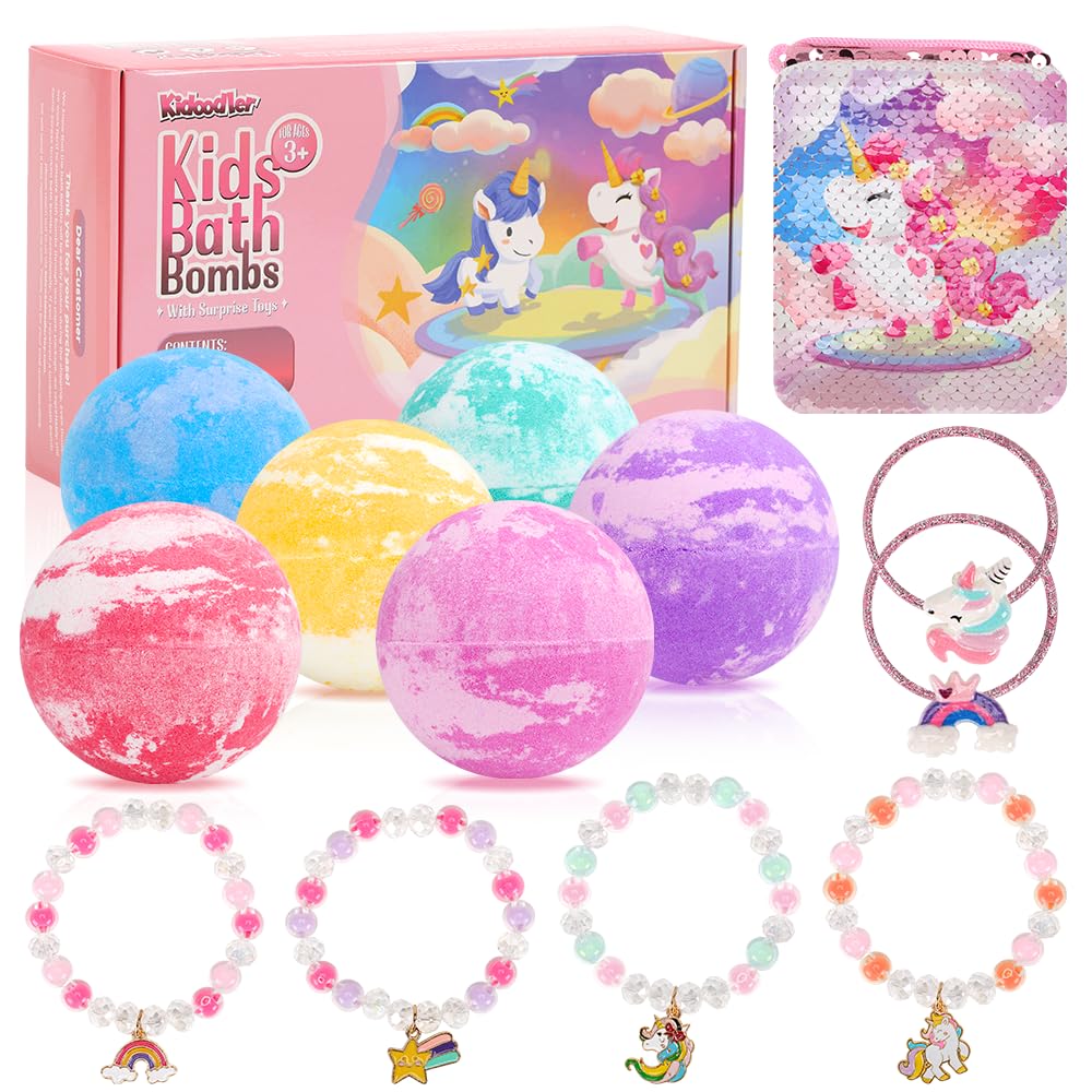 Minne Baby Unicorn Bath Bombs For Kids, 6 Pcs With Jewelry Toys & Bag, Gift For Girls 3-12