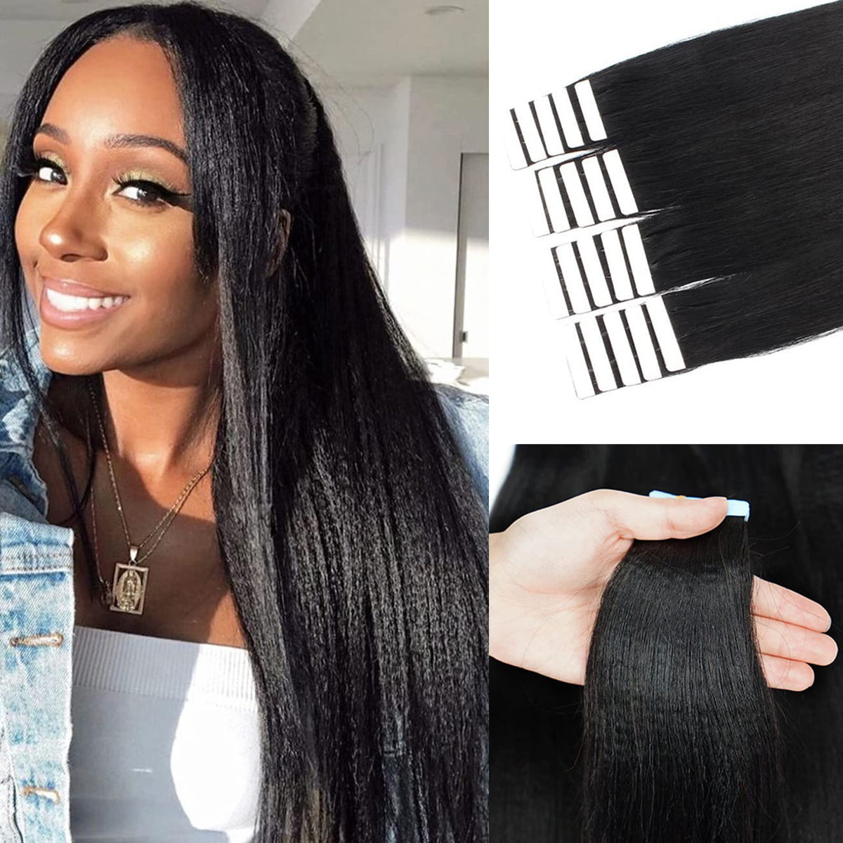 Benafee 20 Inch Yaki Straight Tape In Hair Extensions For Black Women - Seamless Human Hair