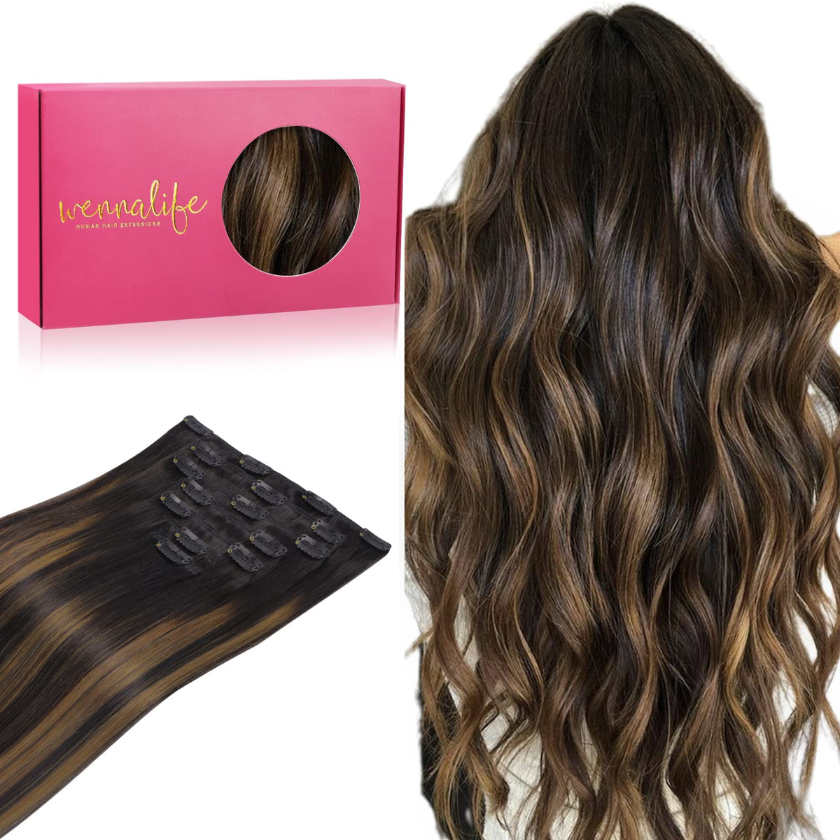 WENNALIFE 16&quot; Clip in Human Hair Extensions, 120g Balayage Natural Black to Chestnut Brown