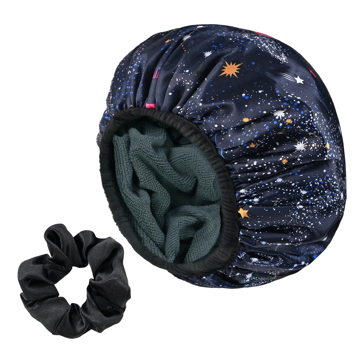 Yonchic Navy Astral Print Satin Shower Cap - Large, Terry Cloth Lined, Waterproof, Reusable