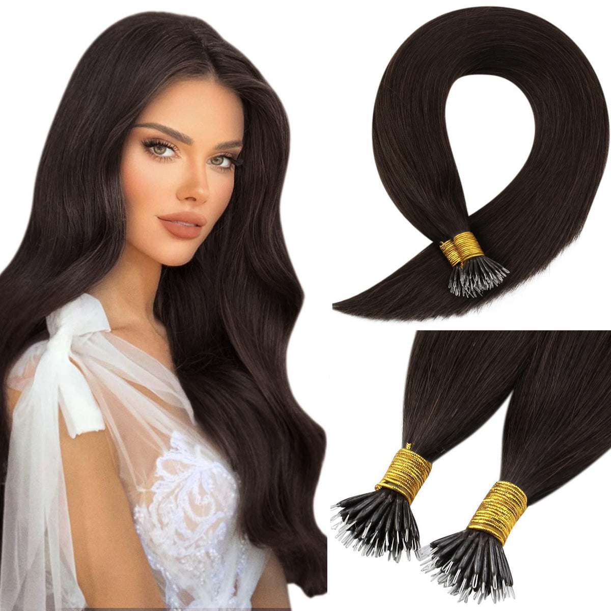 Sunny Hair Nano Loop Hair Extensions 18&quot; #2 Darkest Brown Human Hair 50g Silky Quality