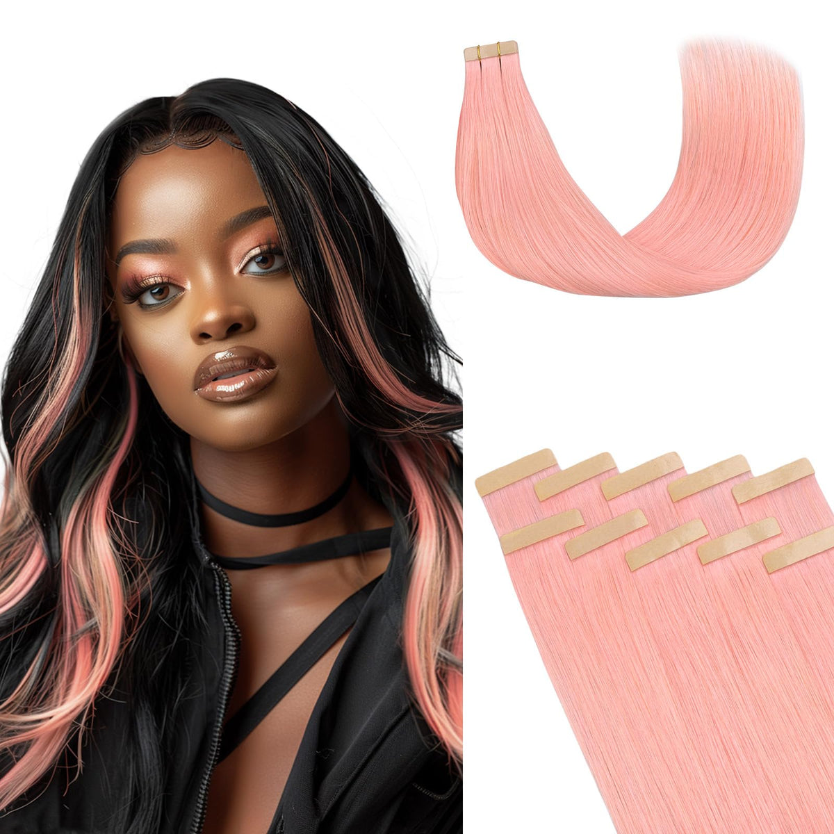 Lashey Pink Tape In Hair Extensions - 18 Inch, 10Pcs, Human Hair, Highlighted Effect, Invisible