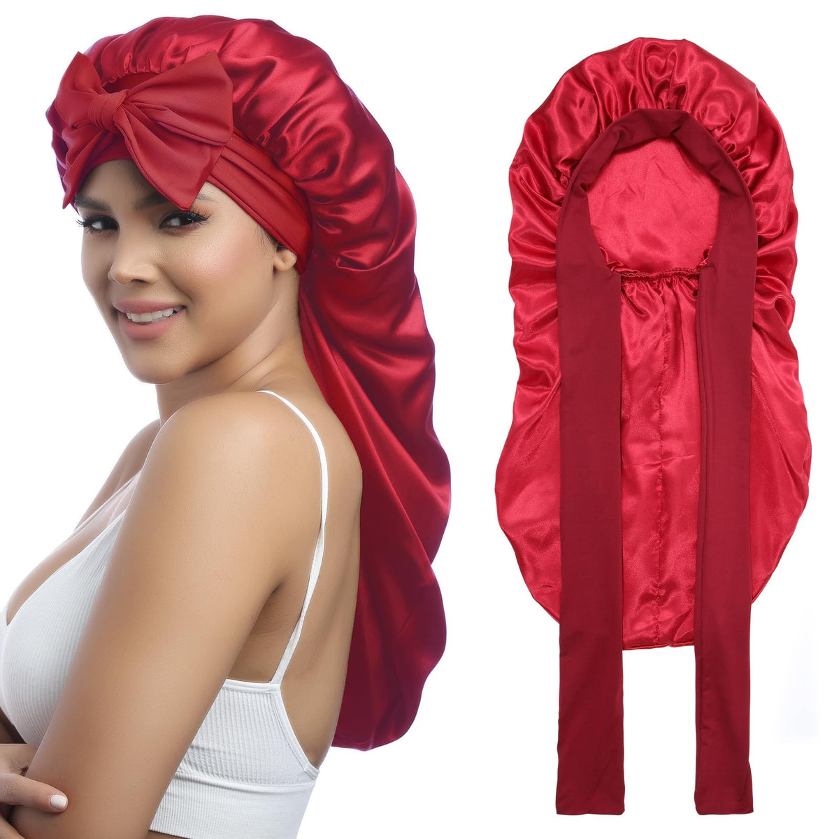 Awaytr Double Layer Silk Bonnet For Women - Wine Red Sleeping Cap For Braids With Tie Band