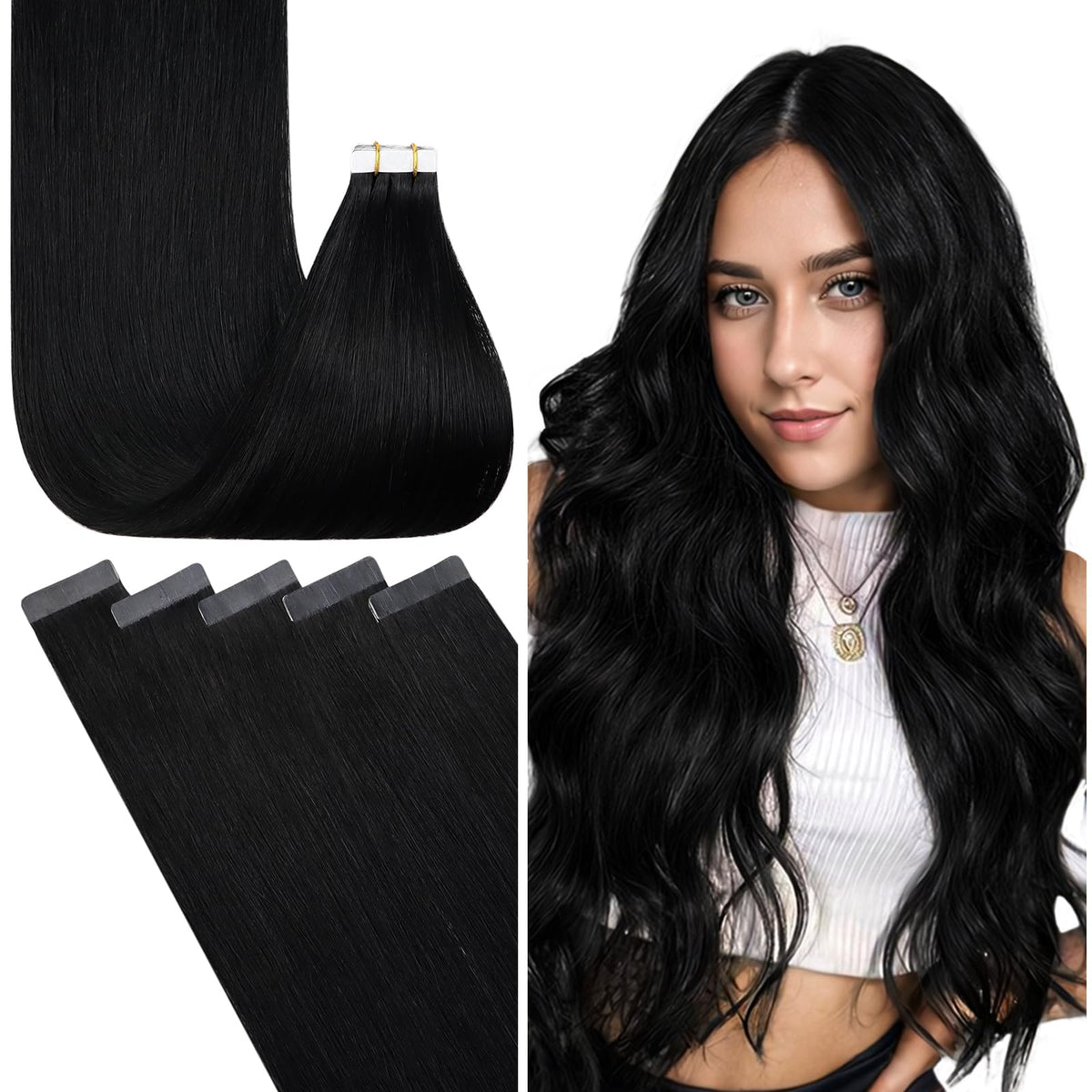 Fshine 14 Inch Jet Black Tape In Hair Extensions - Remy Human Hair, 20 Pcs, Straight, 50G