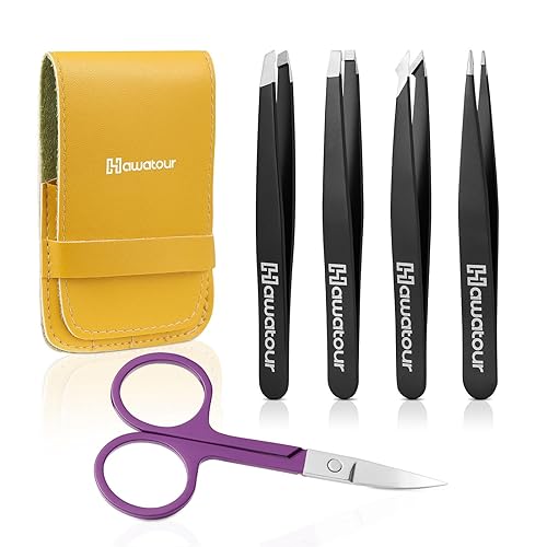 HAWATOUR 5-Piece Tweezers Set with Scissors & Leather Case - Precision Eyebrow & Hair Removal, Black