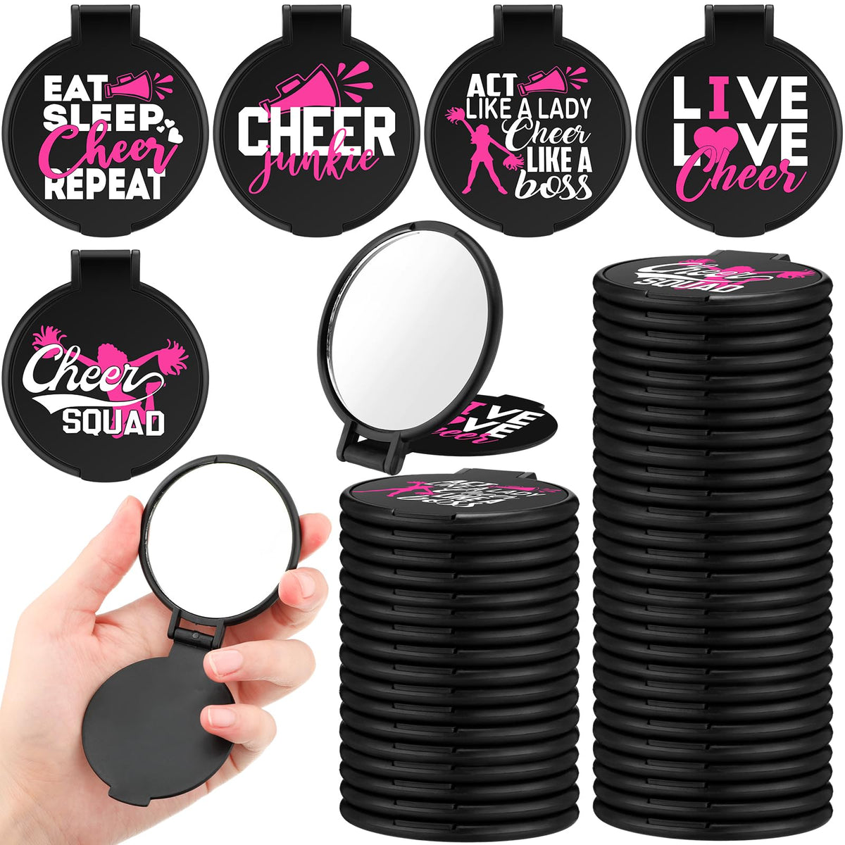 Wenqik 50 Pcs Cheerleader Mirrors, Bulk Folding Pocket Mirrors For Cheer Party Favors, Black Pink