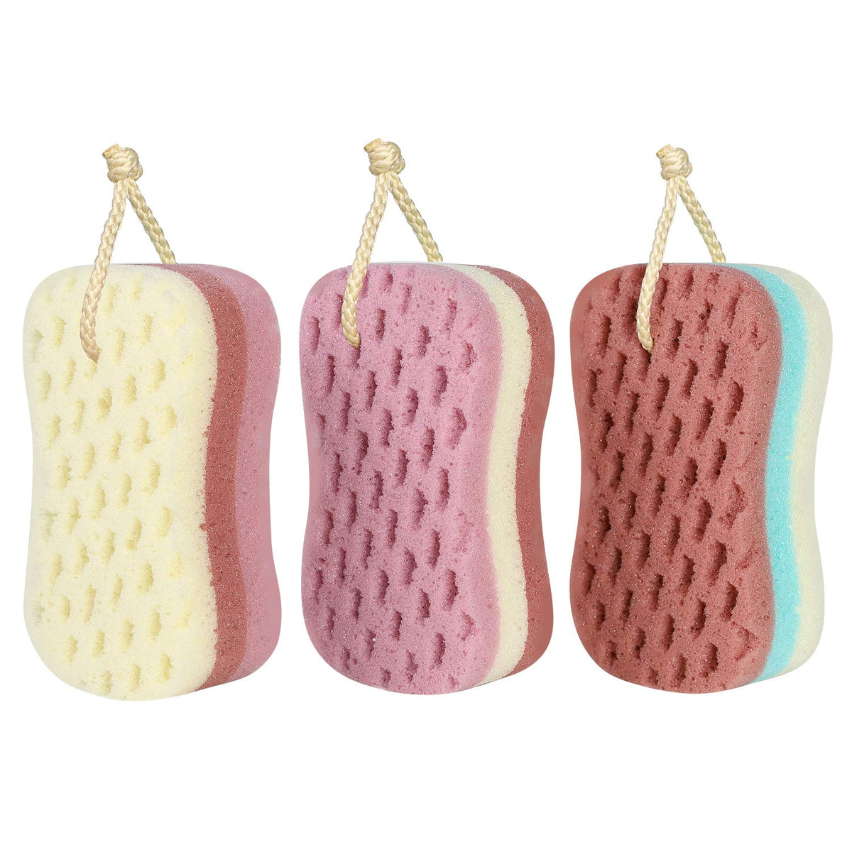 Kecuco Bath Sponge Set - 3 Large Loofah Body Scrubbers For Women, Men & Kids - 3 Colors