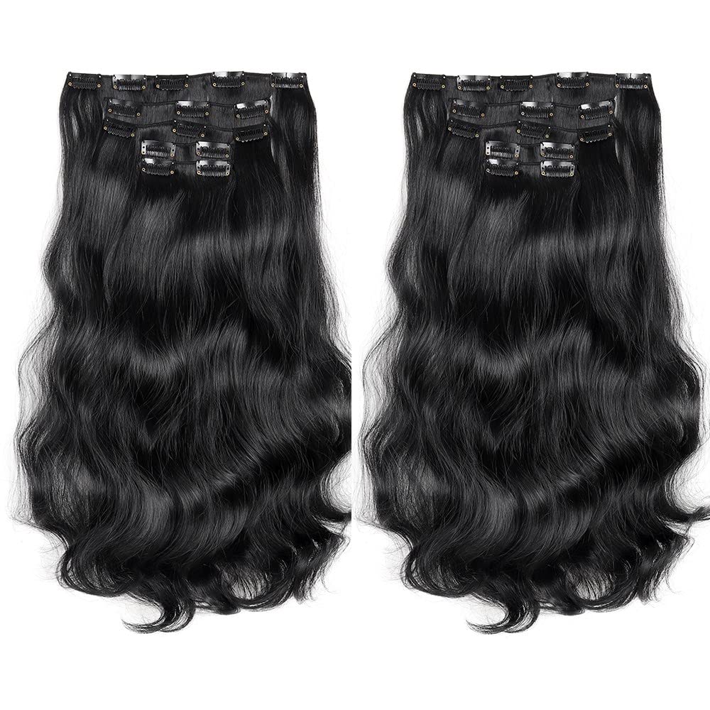 Hspjhtm 18&quot; Off Black Clip-In Hair Extensions - 5 Pcs Synthetic Wavy Thick Hair For Women