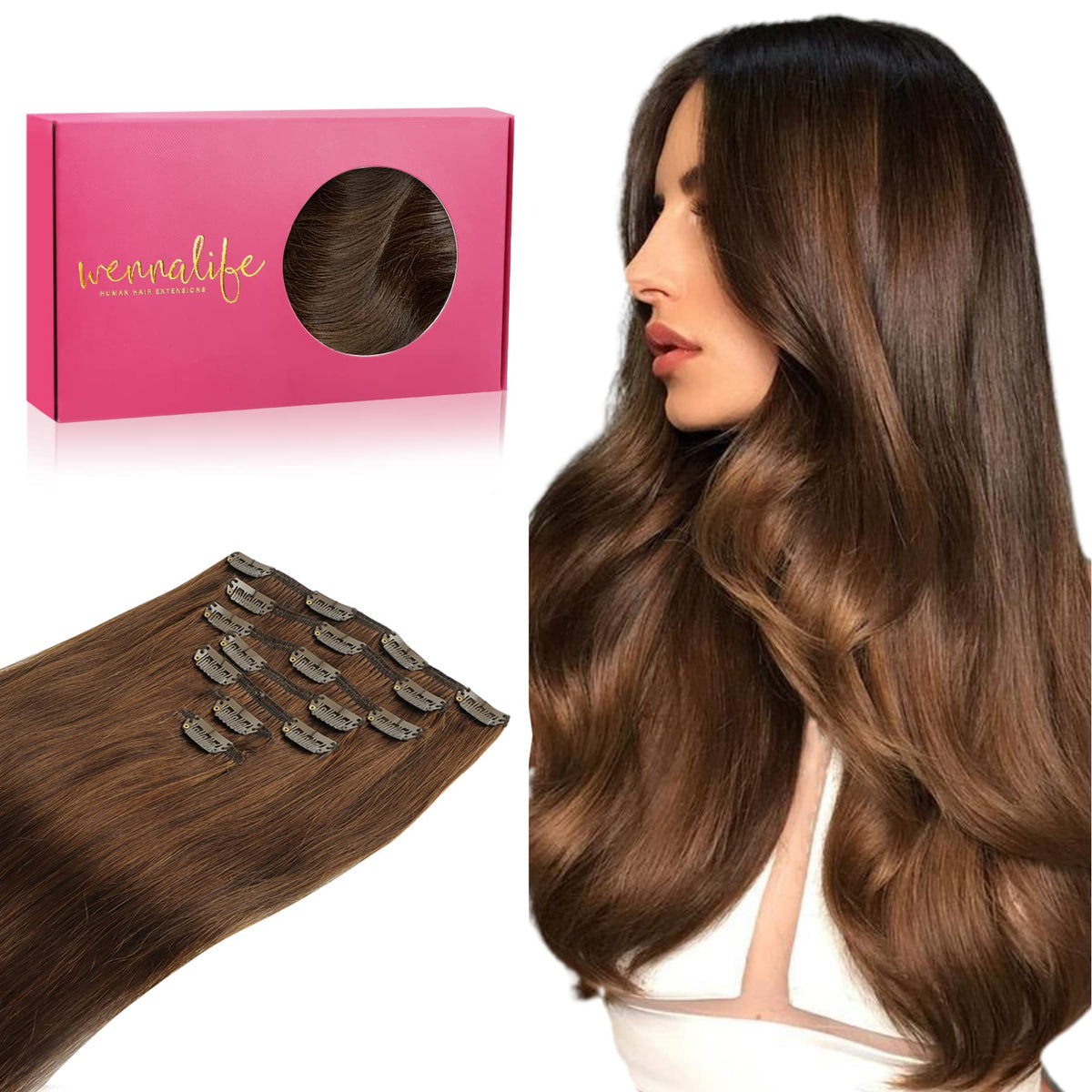 WENNALIFE Clip in Hair Extensions Real Human Hair, 18 Inch 120g 7pcs Human Hair Extensions Clip In Human Hair, Chocolate Brown H