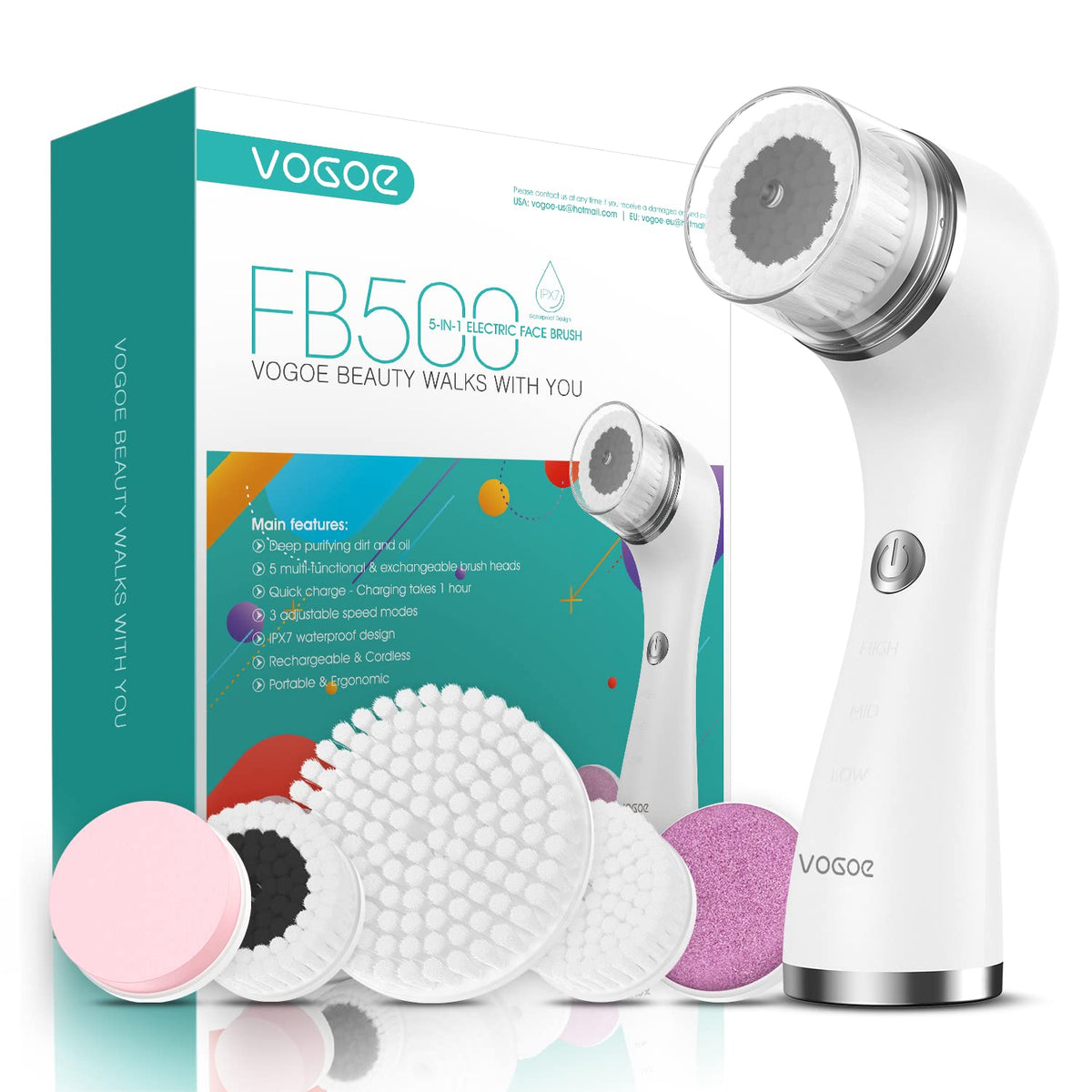 Vogoe Rechargeable Facial Cleansing Brush - Ipx7 Waterproof, 3 Speeds, 5 Brushes, White