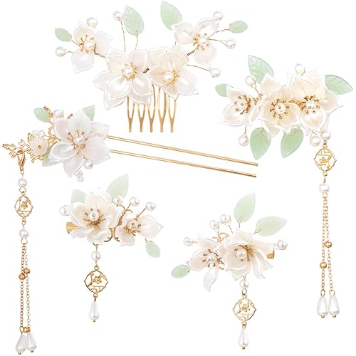 Hinzic 5Pcs Camellia Flower Hairpins, Crystal Rhinestone & Pearl Hair Clips For Women & Girls