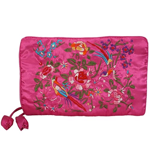 Dahlia Pink Silky Embroidered Brocade Jewelry Organizer Roll Pouch - One Size