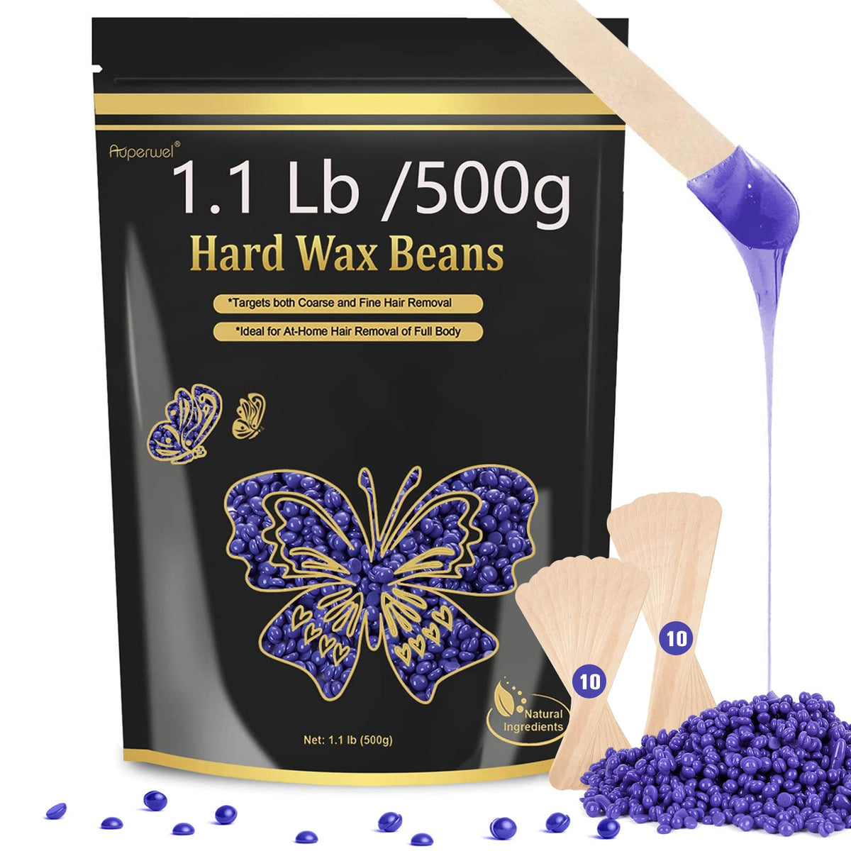 Auperwel Lavender Wax Beads for Hair Removal, 1LB Painless Beans with 20 Spatulas