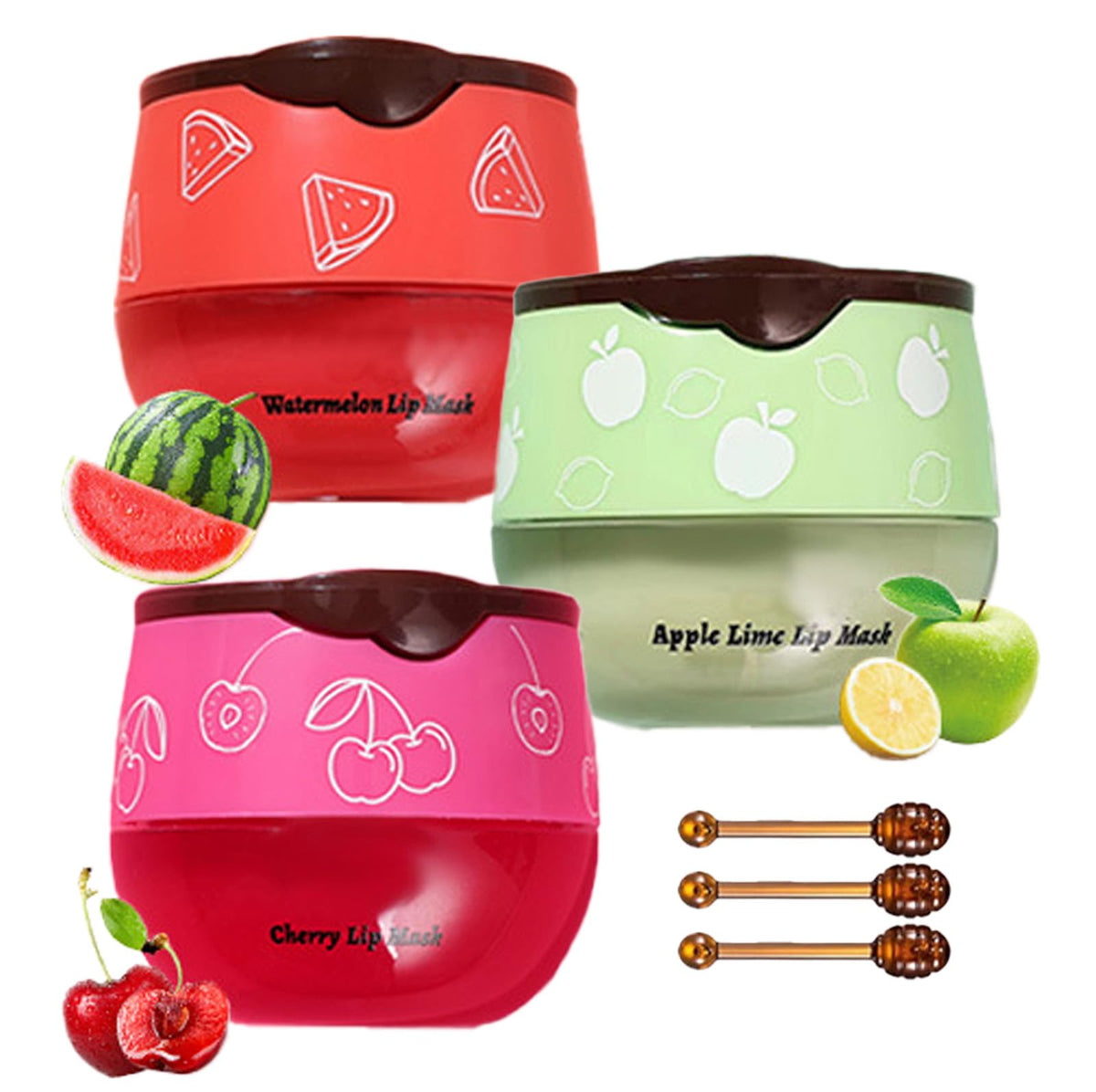 Aaiffey Lip Balm Set A - Honey Pot, Watermelon, Apple Lime, Cherry, 3 Pcs Moisturizing Mask