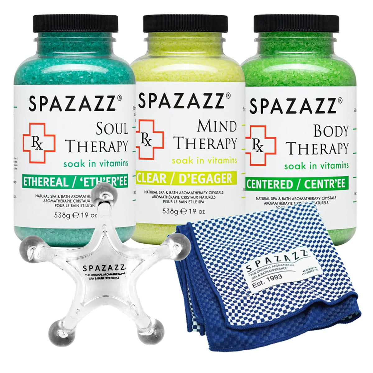 Spazazz Rx Therapy Spa Bath Salt Crystals Gift Set - Mind Body & Soul, 19 Oz With Massage Tool