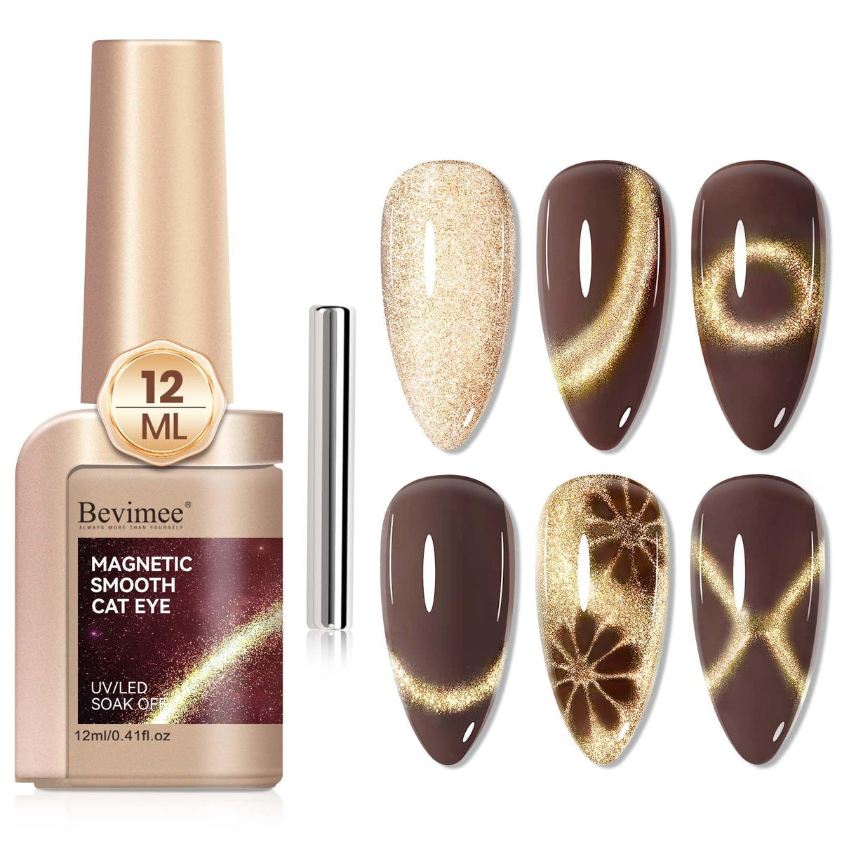 Bevimee Cat Eye Gel Nail Polish - Brown Magnetic Glitter Holographic Uv Gel, 12Ml